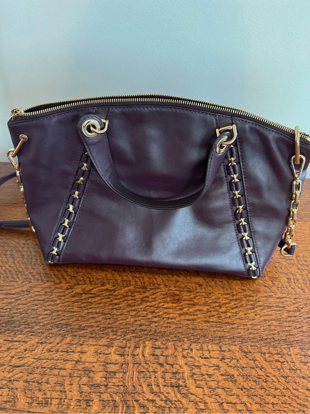 NWOT Michael Kors Sadie Plum Leather Satchel with Gold Hardware